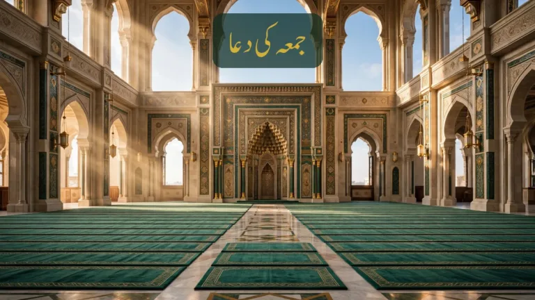 جمعہ کی دعا — جمیل نوری نستعلیق میں عنوان کے ساتھ مسجد کا منظر